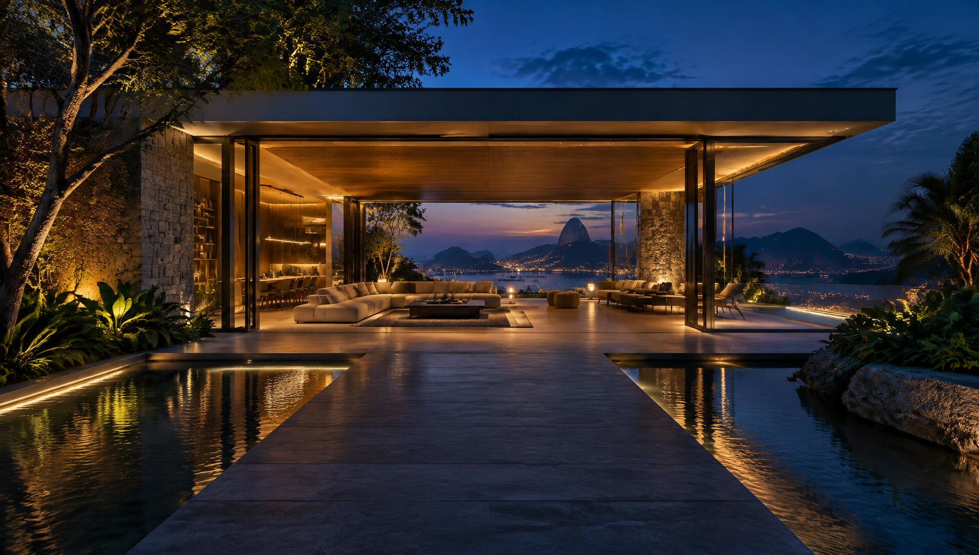 Residência contemporânea vista em perspectiva de aproximação